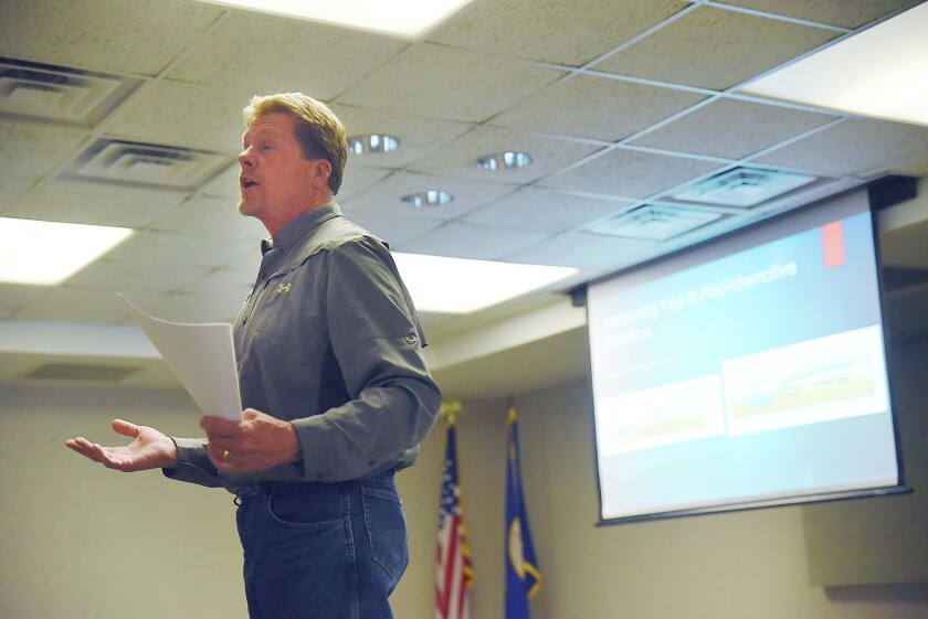 Briana Sanchez / TribuneRick Reimer, district manager for the Kandiyohi County Soil and Water Conservation District, speaks Wednesday in Willmar during a session to address landowner questions about Minnesota's new buffer law.