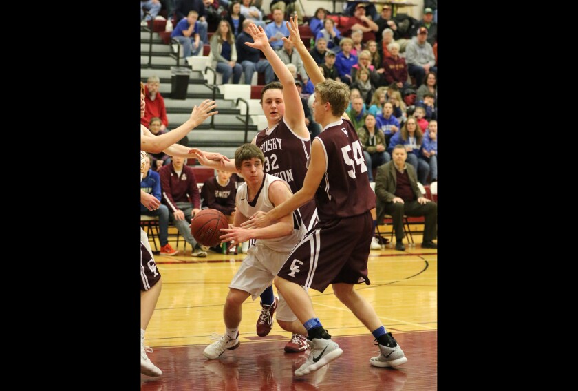 Pillager’s Luke Woidyla looks to pass as Will Silgen (32) and Kyle Skeim (54) of Crosby-Ironton defend Friday at Crosby-Ironton High School. Kelly Humphrey / Brainerd Dispatch - Gallery and Video