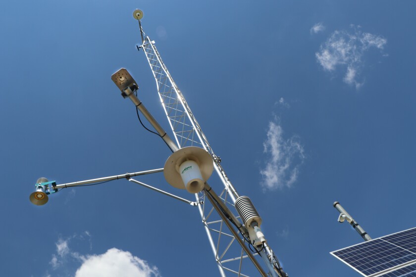 A new 33-foot-tall tower has several sensors for humidity, temperature, wind,