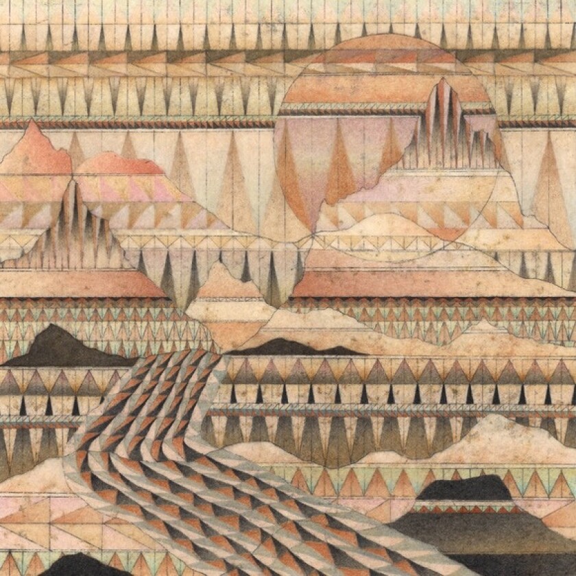 A stylized illustration of a desert landscape, with geometric shapes lining mountain peaks and a road leading up to them from the foreground.