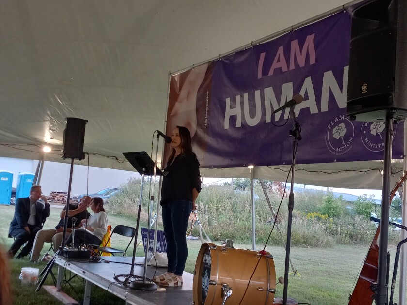Angela Wambach, Executive Director of the Women's Care Center in Fargo, speaking at an anti-abortion event in Moorhead on 8/19/2022.