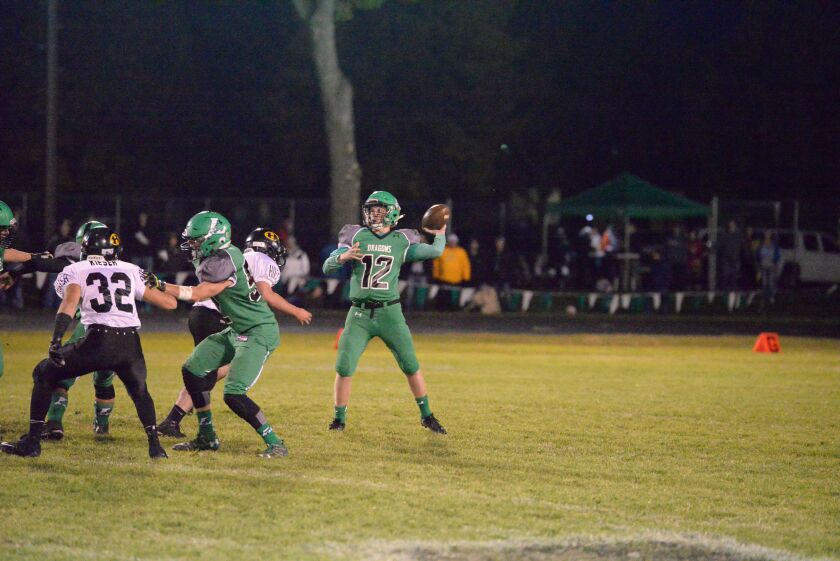 Litchfield quarterback Josh Prahl fires a pass during the first half against Hutchinson on Friday in a Wright County Conference game between two 5-0 teams in Litchfield. Clay Cunningham / Tribune.