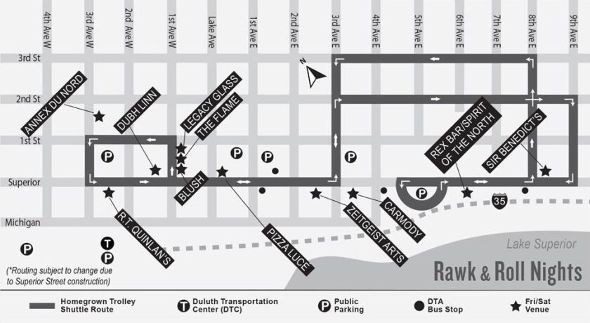 Map of downtown Homegrown venues showing trolley route.