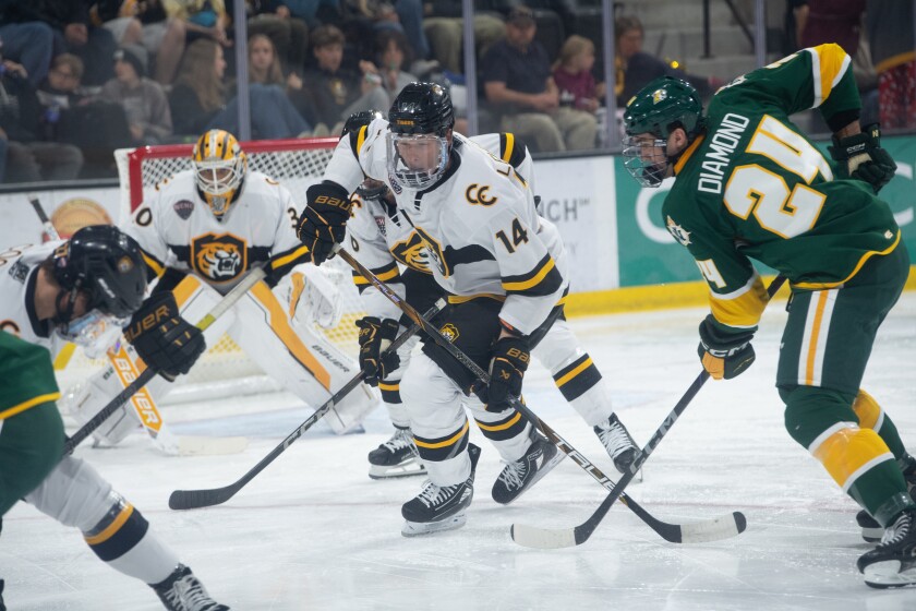 Hockey players battle for the puck on a face off