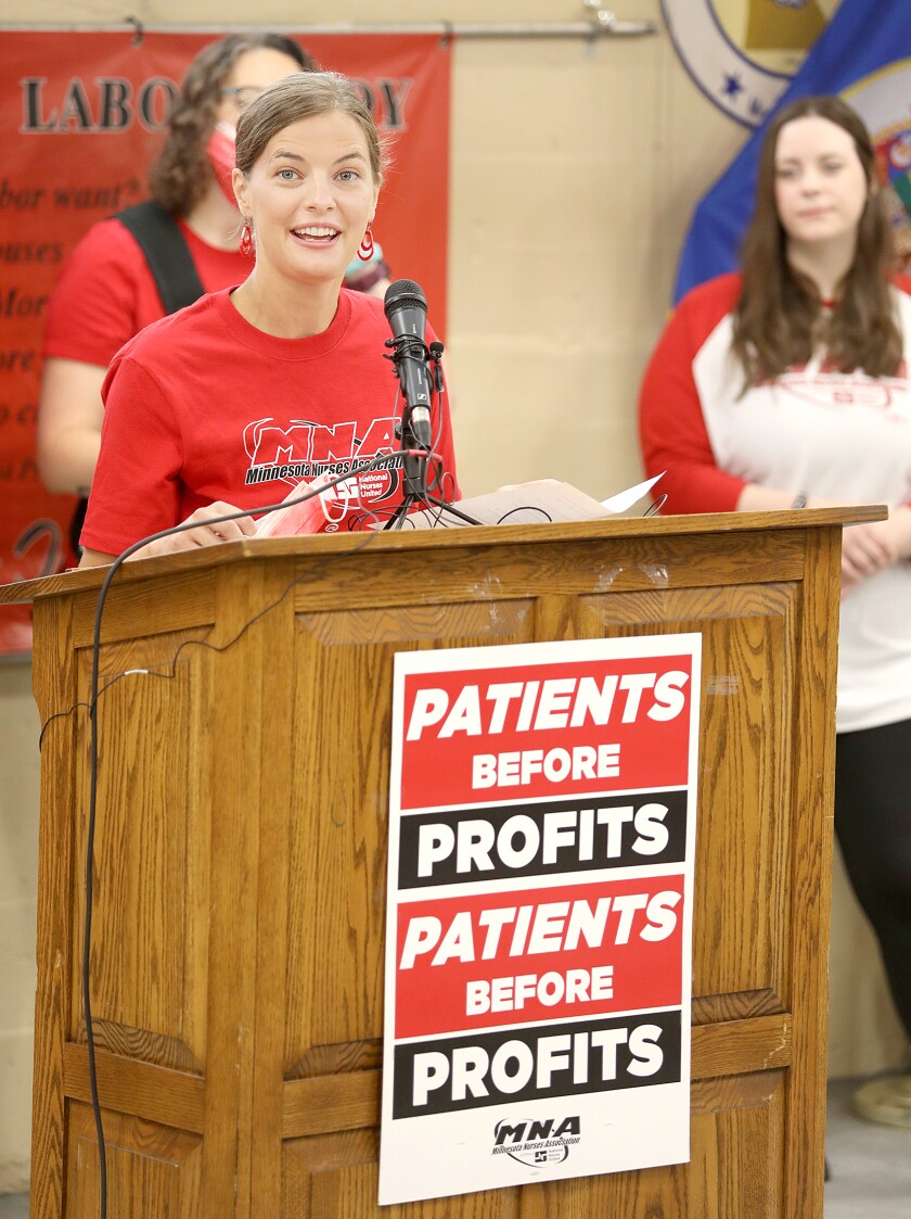 Emily Kniskern, RN at St. Luke’s, talks about some of her concerns at a press conference at the Duluth Labor Temple