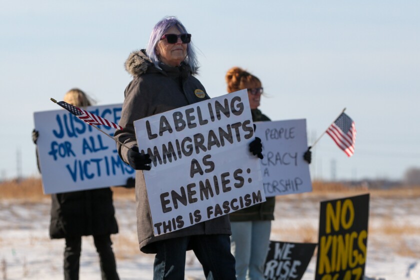 Lyn Dockter-Pinnick, center, helped organize a protest Monday, Jan. 12, 2026, near the site of construction on a data center near Harwood, North Dakota. Vice President JD Vance had been rumored to be visiting the site.