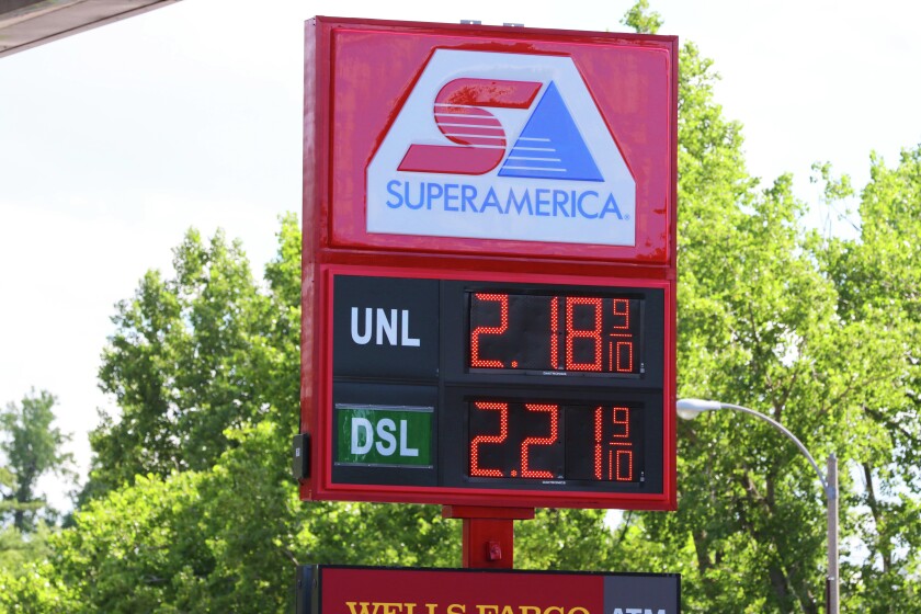 The price of gas is $2.18 Thursday at the SuperAmerica on South Sixth Street in Brainerd. (Kelly Humphrey, Brainerd Dispatch)