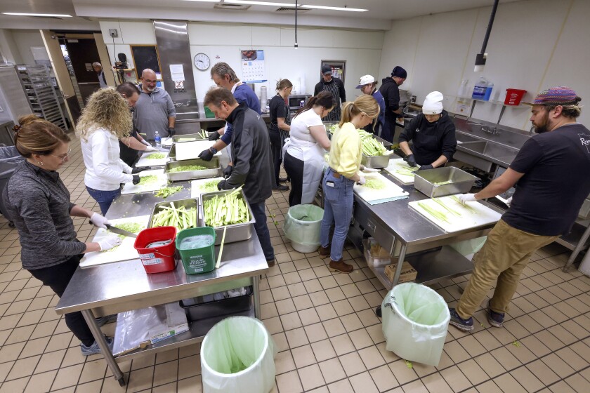People slice celery at two tables.