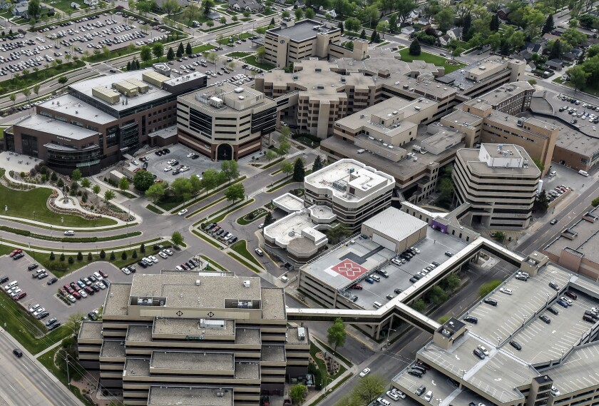 A view of the Avera McKennan Hospital and University Health Center campus from an Avera helicopter as part of their Careflight service. (Matt Gade / Republic)
