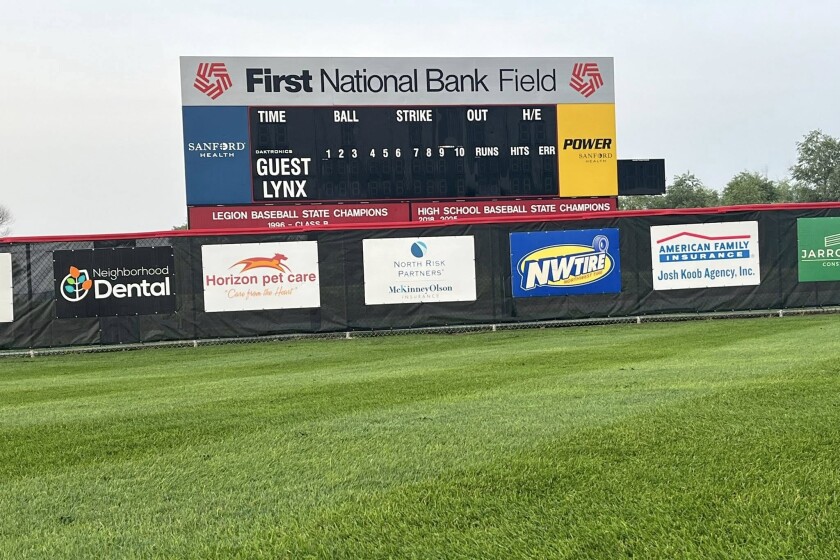 A look at the scoreboard on the First National Bank Field on Thursday, July 31, 2025, in the Aspen Park in Brandon.