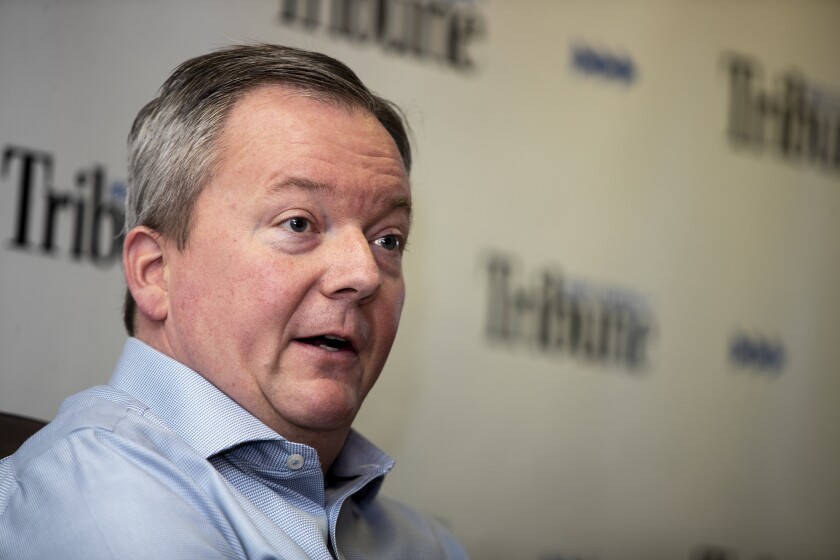 Greater Minnesota Partnership executive director Scott McMahon speaks with West Central Tribune reporting staff during a visit Friday, April 15, 2022.