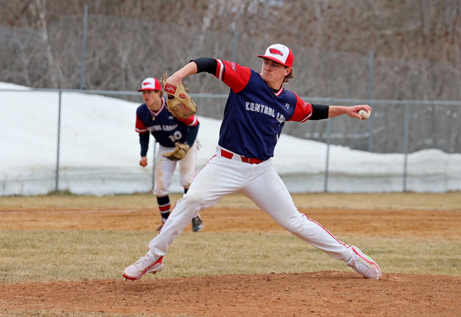 Central Lakes College's Mason Argir pitches against Ridgewater Sunday, April 3, 2022, at Paul C. Findorff Athletic Complex in Brainerd.