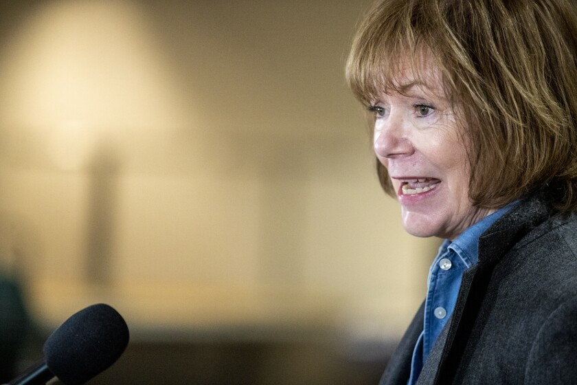 U.S. Senator Tina Smith answers questions directed at the H5N1 Highly Pathogenic Avian Influenza (HPAI) cases in Minnesota Tuesday, April 19, 2022, at the Kandiyohi County Health & Human Services building.