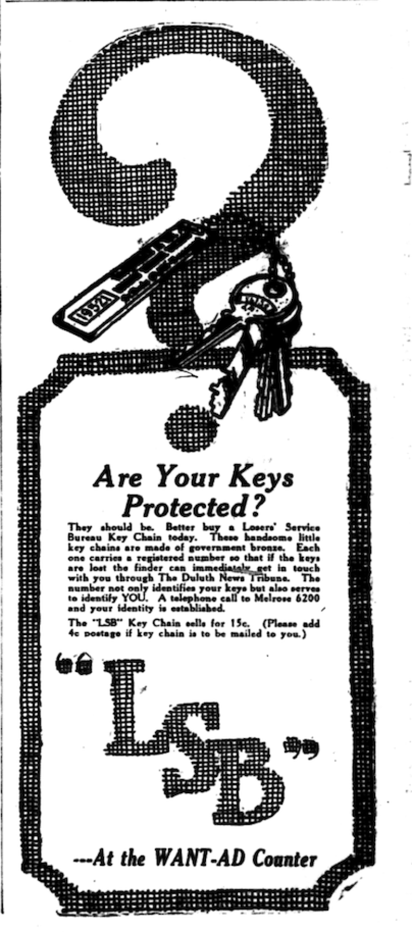 An black and white advertisement asking "Are your keys protected" with an image of a key and tag over a question mark.