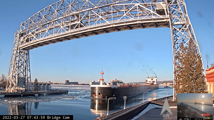 The ship the Burns Harbor leaves Duluth under the Aerial Lift Bridge.