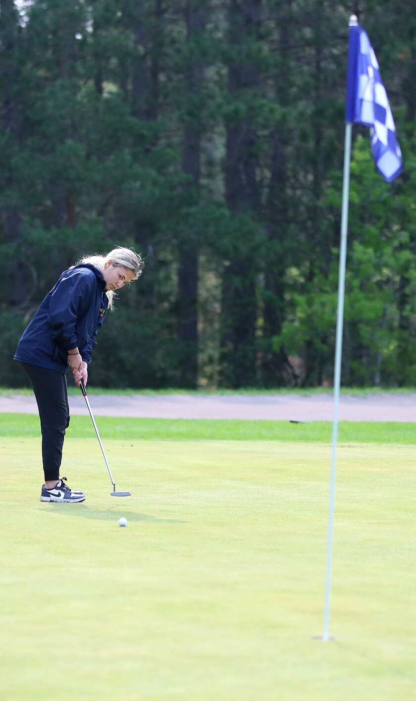 Golfer putts ball.