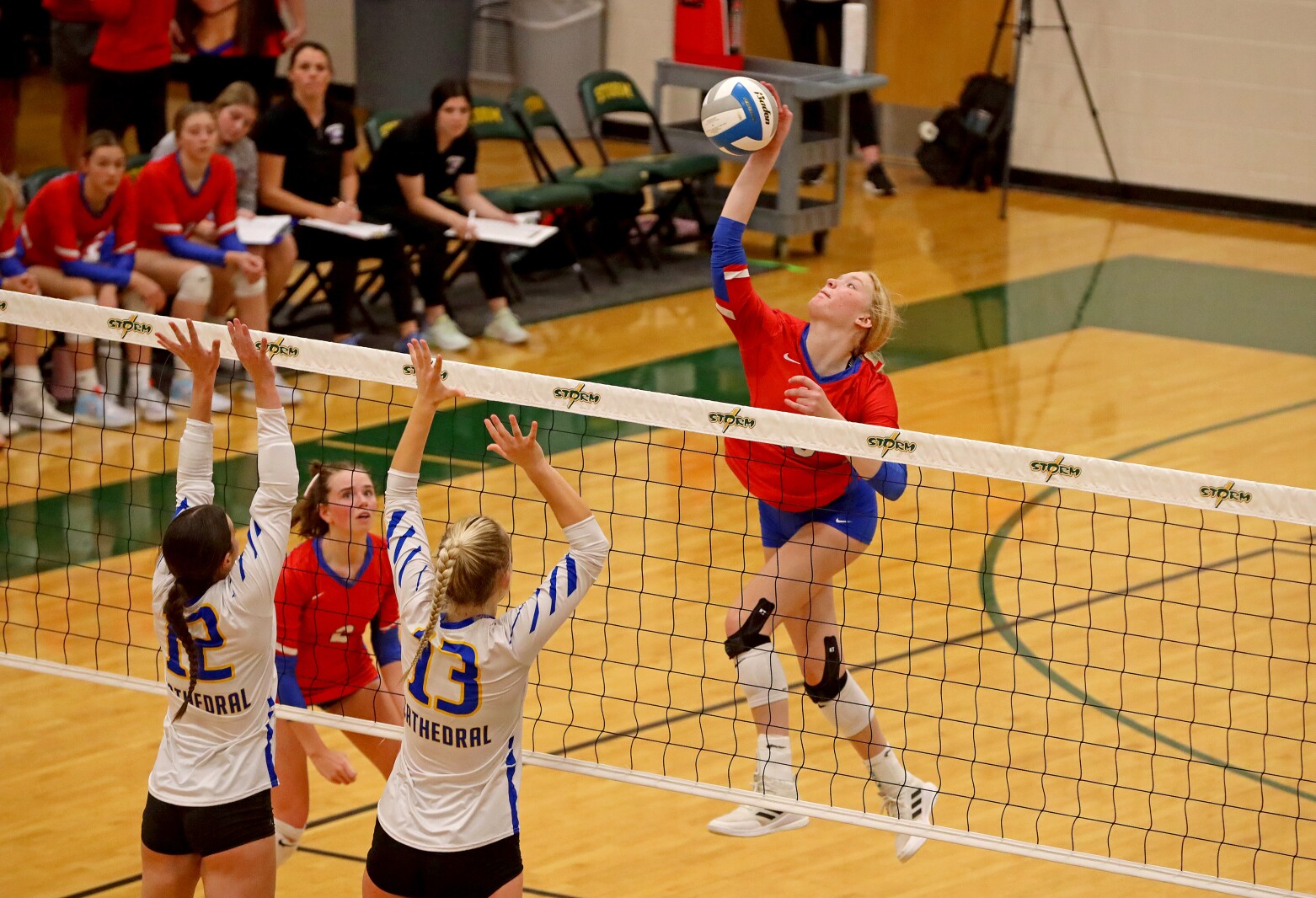 Pequot Lakes' Grace Hoffard hits the ball against St. Cloud Cathedral on Saturday, Nov. 5, 2022, during the Section 6-2A Final at Sauk Rapids.