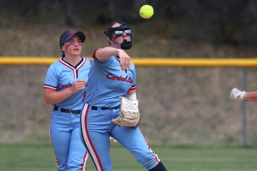 Morgan Kloss from Central Lakes College throws the ball against Minnesota West on Friday, May 9, 2025, in Brainerd.