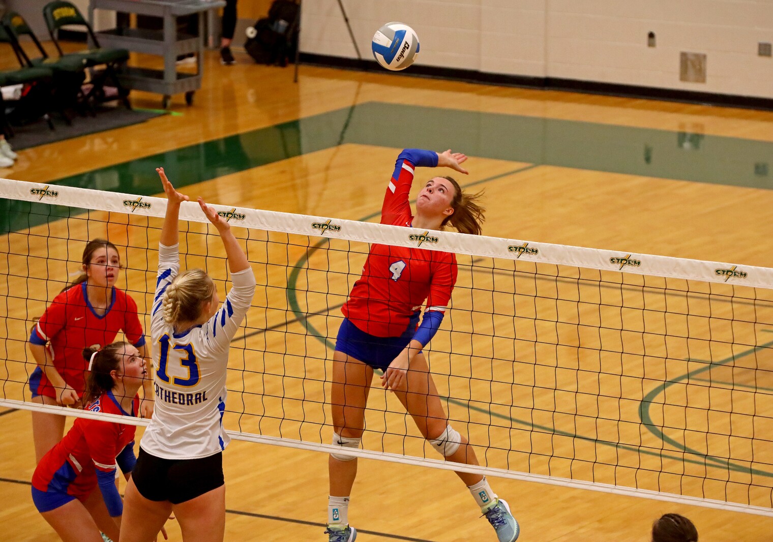 Pequot Lakes' Joselyn Rinio hits the ball against St. Cloud Cathedral on Saturday, Nov. 5, 2022, during the Section 6-2A Final at Sauk Rapids.
