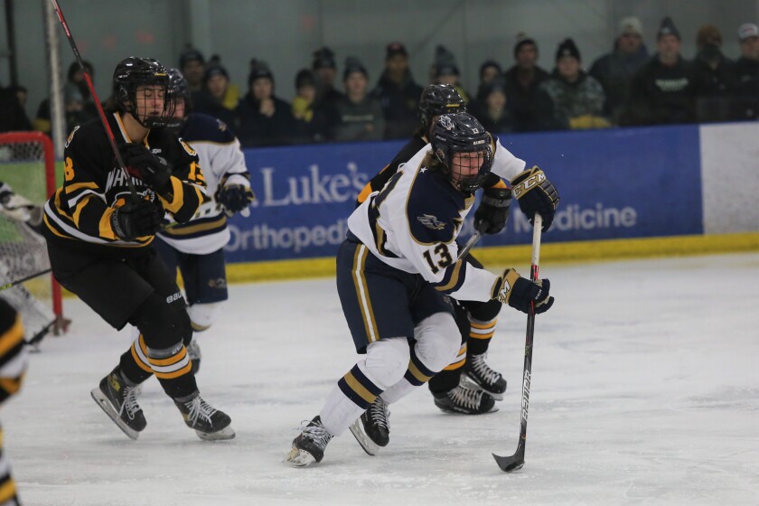 Hermantown senior Beau Janzig moves the puck down the ice.