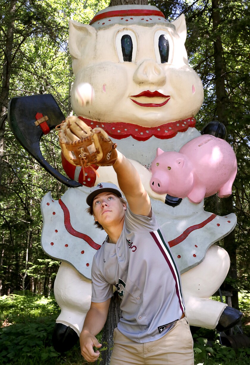 Northwood/Solon Springs’ Abe Ahlberg makes a catch in the “outfield” in the backyard of his daycare provider, Gitzy Wicklund’s, home in Solon Springs