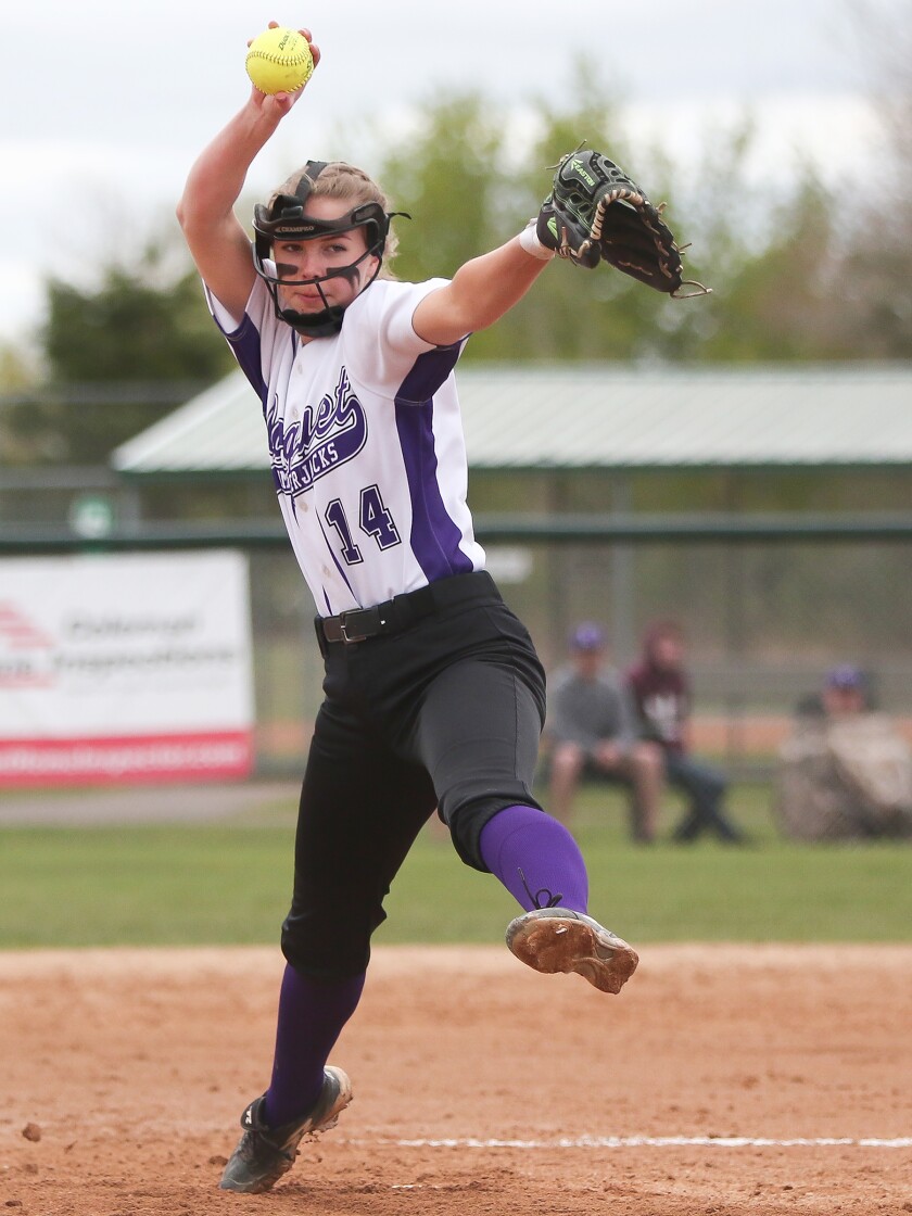 Cloquet junior Lucy Sinkkonen makes a pitch during the Lumberjacks' 11-2 win over North Branch in the second round of the Section 7AAA tournament Saturday, May 25, in Cloquet. (Dave Harwig/Pine Journal)