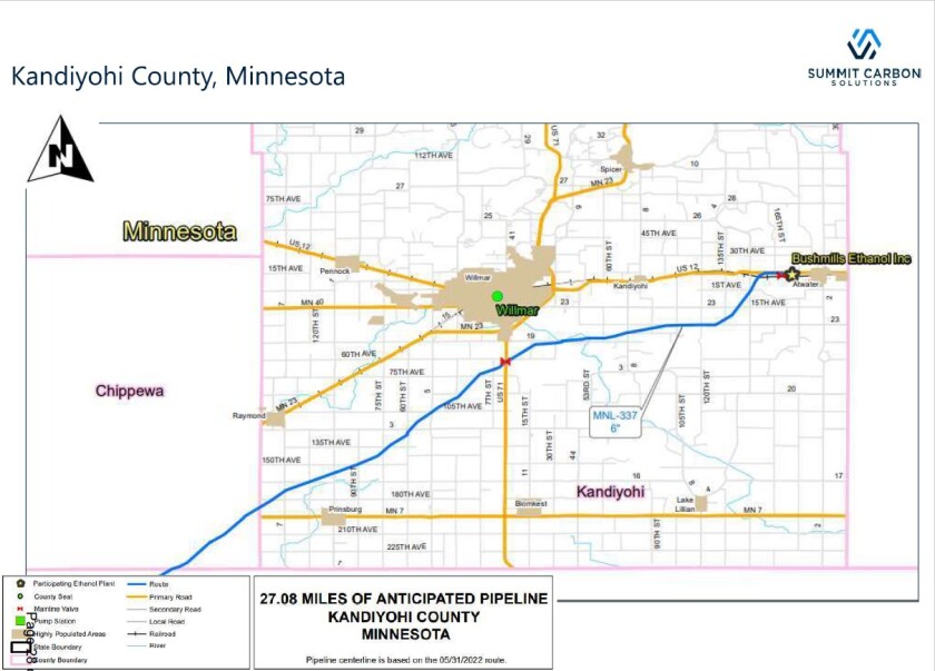 Map of the Summit Carbon Solutions pipeline route through Kandiyohi County, as of May 31, 2022.