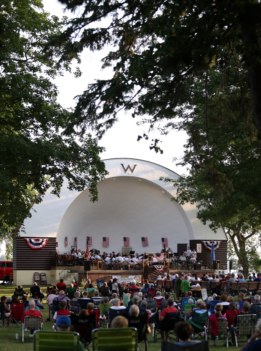 The "Amazing" Worthington City Band plays during the Wind, Water and WOW celebration at Chautauqua Park Monday evening, July 4, 2022.