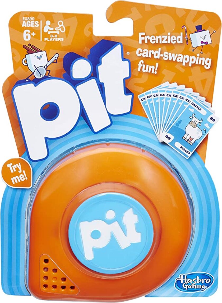 An orange and blue package for the game Pit.