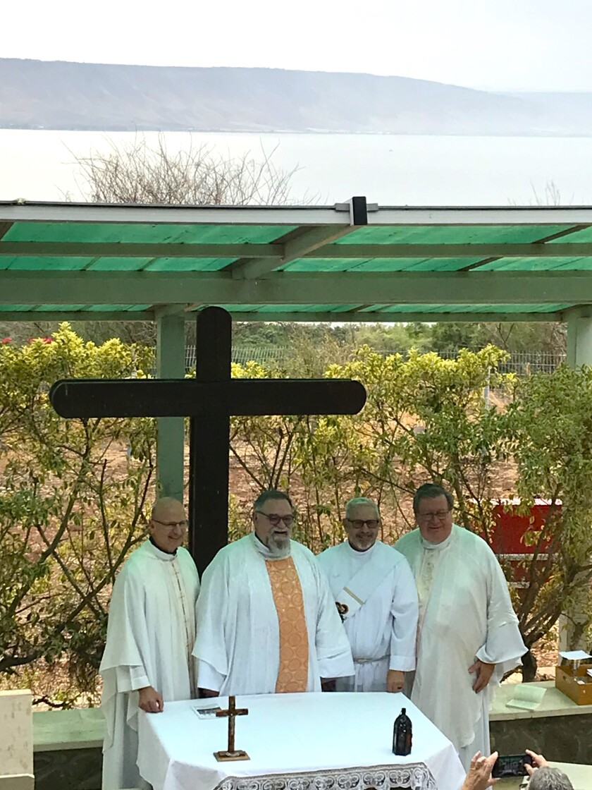 Holy Land Priest and Deacon after Mass at Mount of Beatitudes by Sea of Galilee Oct. 5.jpg