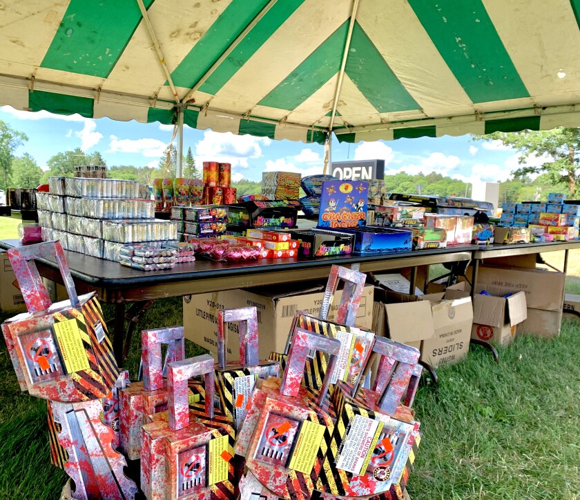 Inside fireworks tent