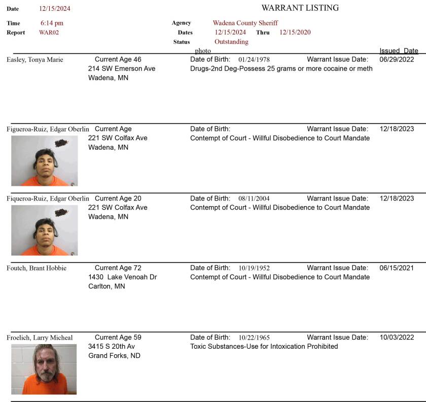Wadena County Sheriff Outstanding warrant list Wadena Pioneer