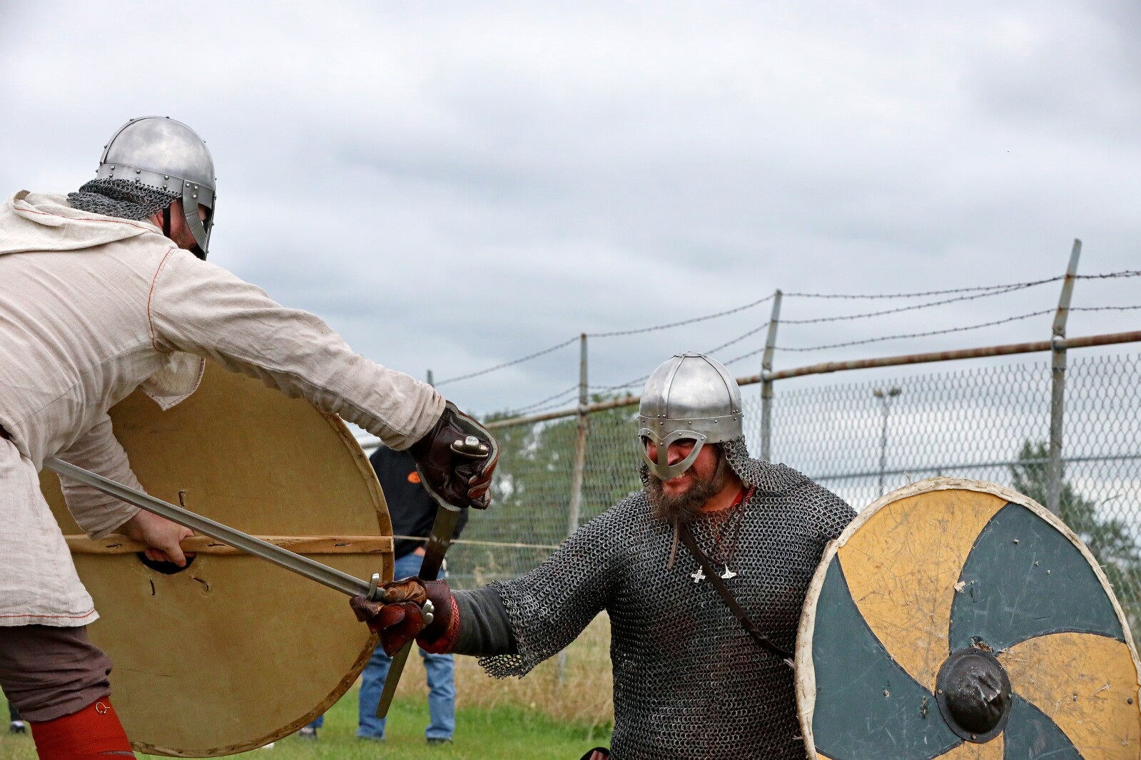 Viking warriors take part in a battle demonstration.