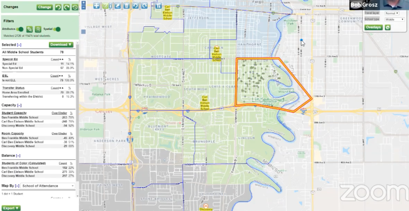Blue area represents Ben Franklin and Fargo North, green represents Carl Ben Eielson and Fargo South, and Gray represents Discovery and Davies High School. The highlighted area is the section affected..png