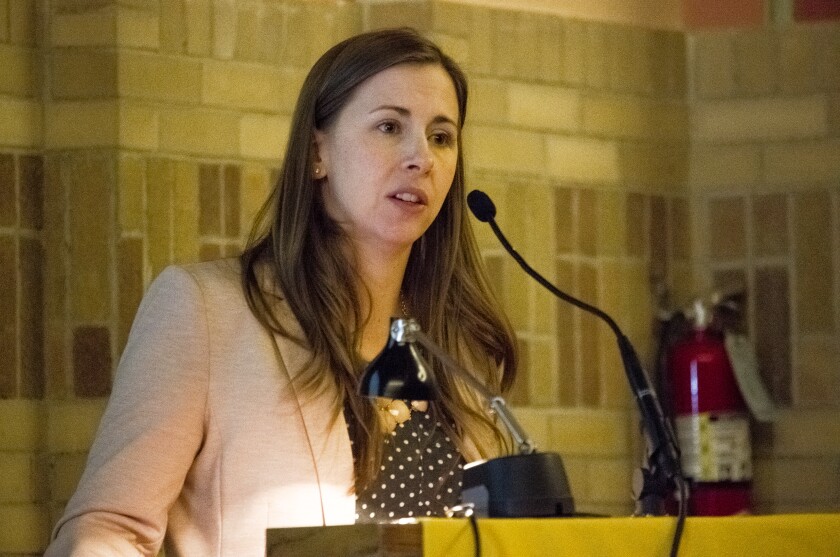 Erica Olson, marketing specialist for the North Dakota Wheat Commission, presents during the 2017 NDSU Extension Service Roundup at the Memorial Building in Devils Lake, N.D. on Wednesday, January 4, 2017. (Nick Nelson/Agweek)