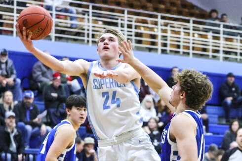 high school boys play basketball