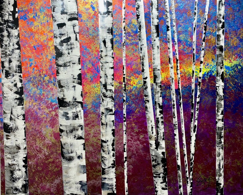 Painting of birch tree trunks in front of multicolored background evoking sunset or sunrise.