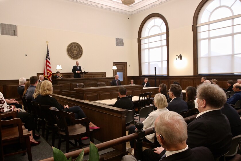 Dozens of people, including judges, politicians, clerks, family and friends joined in the reopening of the historic courtroom at the Edward J. Dewitt United States Courthouse on Wednesday, May 18, 2022 in Fergus F.jpg