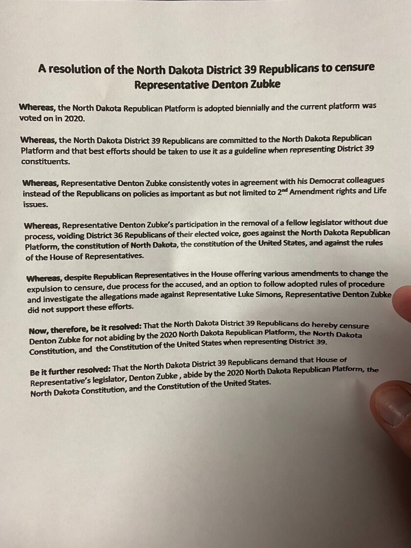 PHOTO: Censure of Rep. Denton Zubke