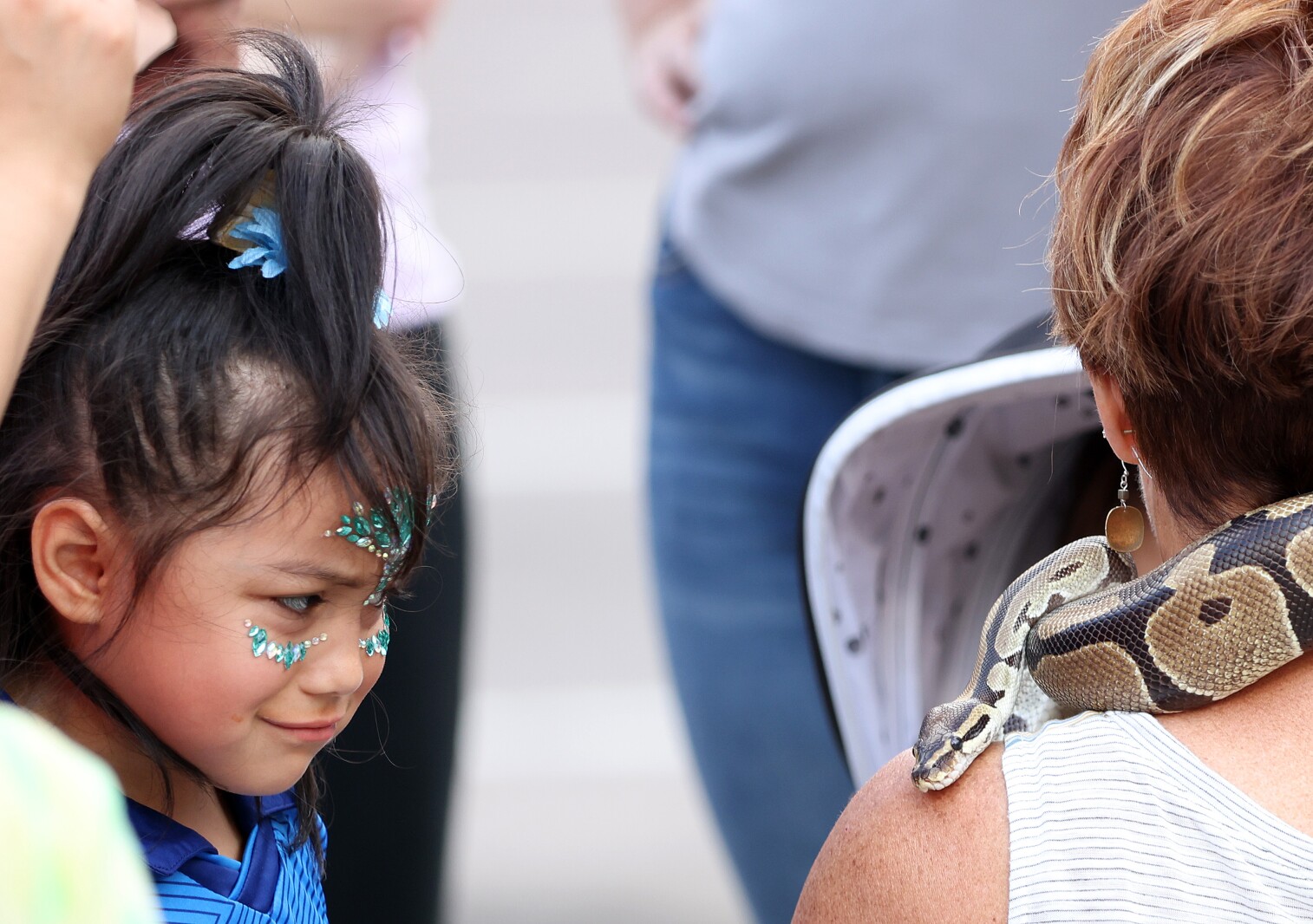 A girl tries to decide if she wants to risk touching a Southern African rock python at Brent "Zoo Man" Mielke's table during the 28th Annual Worthington International Festival Friday, July 8, 2022.