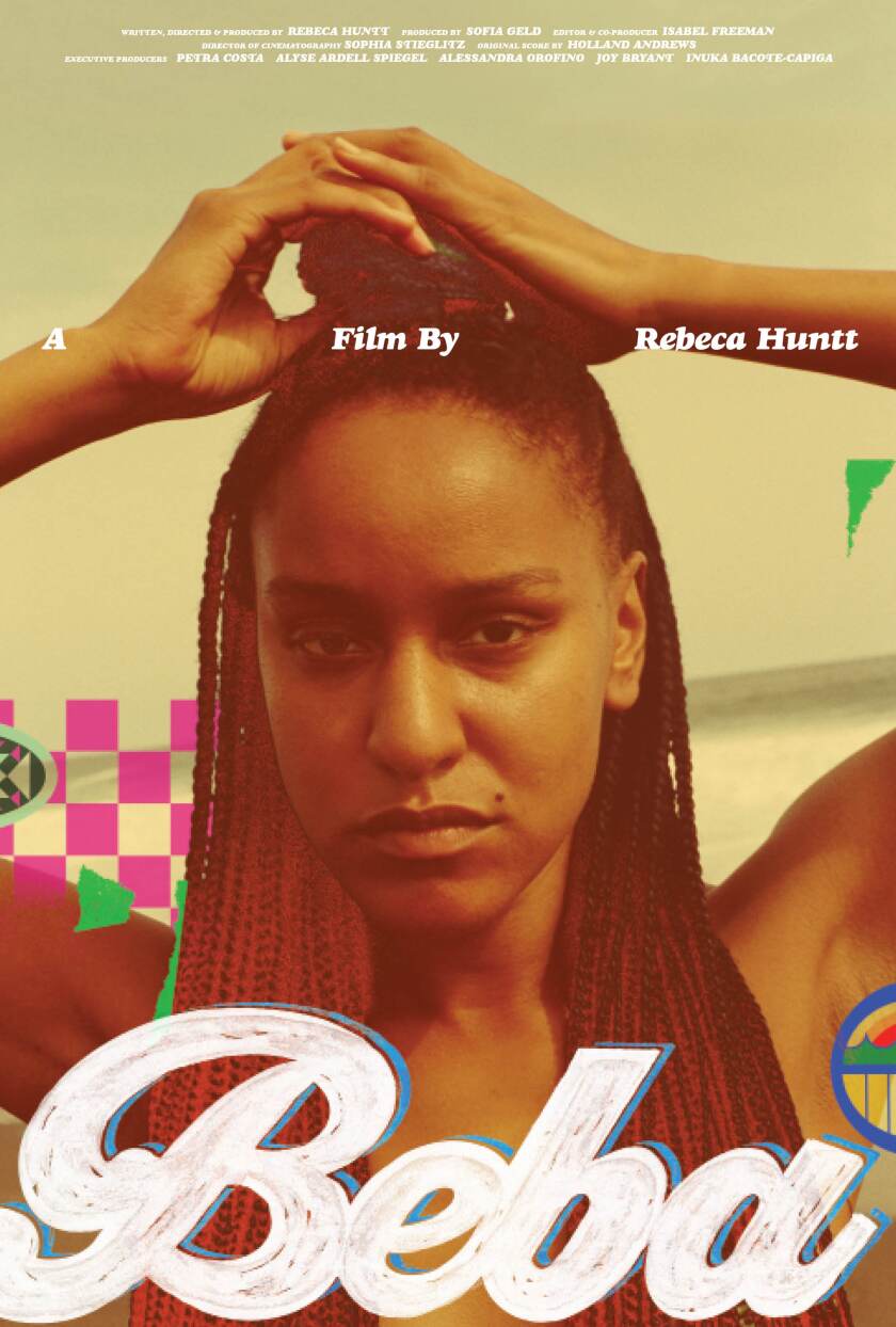 Movie poster for "Beba," featuring young woman looking somberly into camera with her hands placed on her head and stylized script treatment of the title.