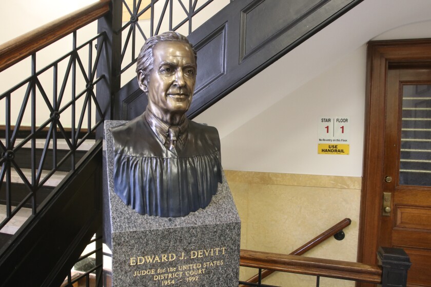 The bronze bust on the courthouse first floor of former United States District Court Judge Edward J. Devitt.jpg