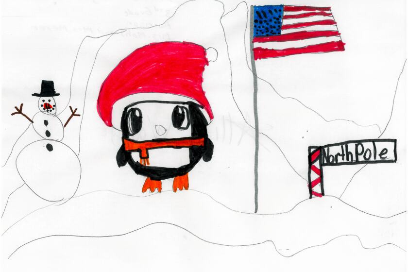 Drawing of a snowman, penguin and American flag at the North Pole.
