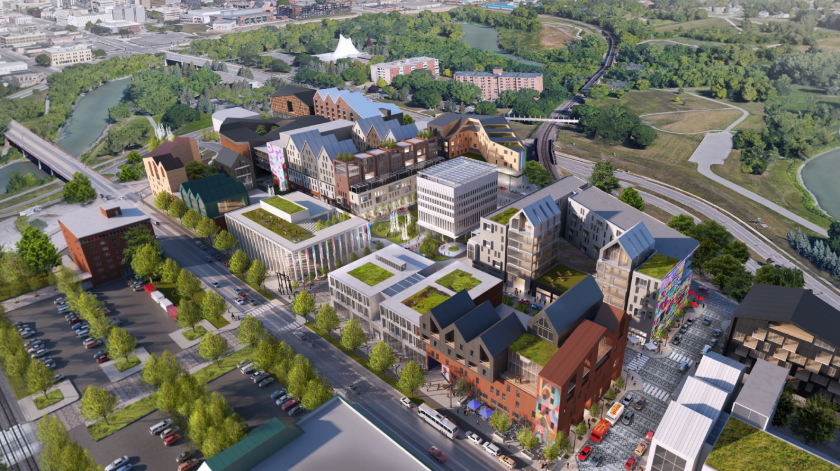Aerial image of a reimagined downtown Moorhead, with several new buildings.