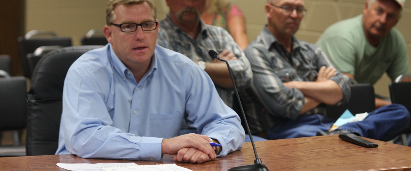 Sean Simpson, who serves as general counsel for Pipestone System, speaks to the Davison County Commission Tuesday in Mitchell regarding Jackrabbit Farms. (Marcus Traxler/Republic)