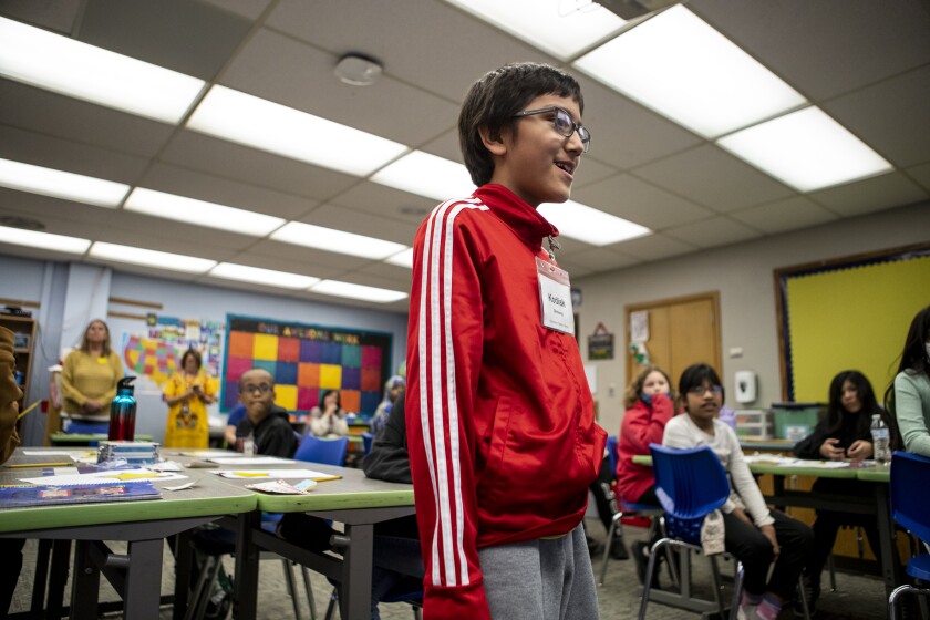 Kodiak Skinaway, center, participates in an Ambassadors for Respect presentation before Lisa Devine's fourth-grade classroom on Thursday, May 5, 2022.