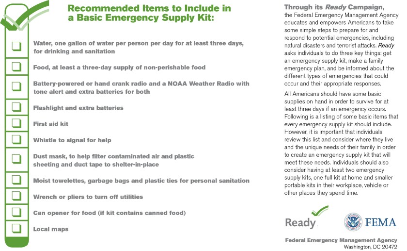 Basic list items to include in an Emergency Supply List from FEMA.