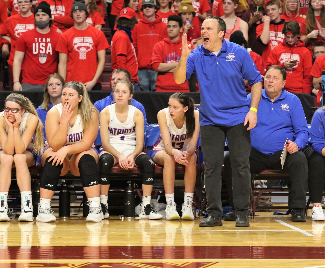 Pequot Lakes Patriots girls basketball during the 2022 Class 2A State Tournament.