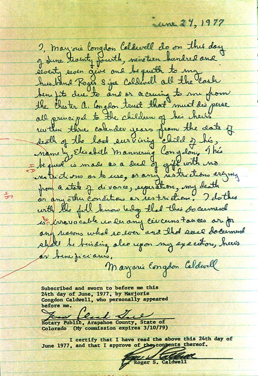 A notarized letter signed by Marjorie Caldwell three days before the murders granted her husband her $2.5 million inheritance from one family trust. Prosecutor John DeSanto called it a "murder contract." (Image courtesy of Zenith City Press)