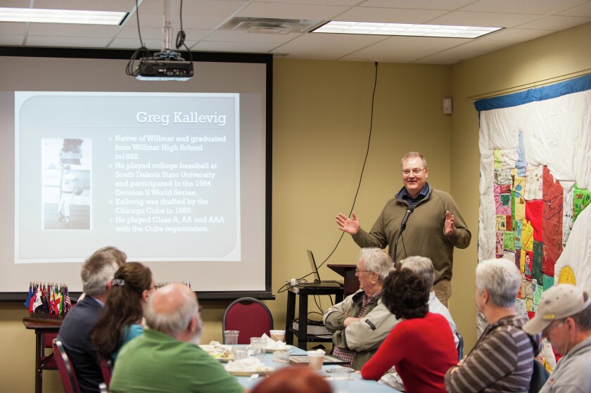 Greg Kallevig, one of three 2017 inductees into the West Central Minnesota Baseball Hall of Fame, speaks during ceremonies on Tuesday at the Kandiyohi County Historical Society. Gregory Harp / Submitted photo